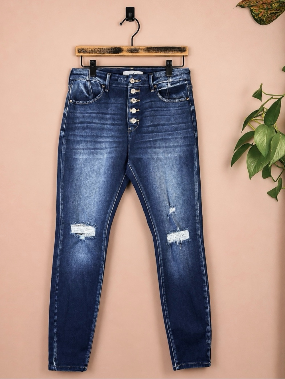 Kancan Kami High Rise Button Fly Skinny Jeans Distressed Dark Wash 11/29